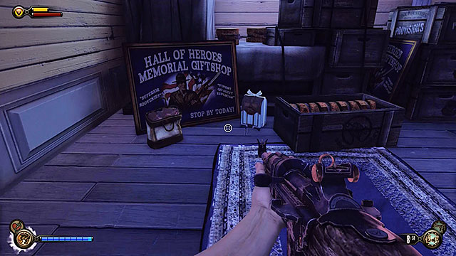 The room with the kinetoscope also contains a weapons upgrade station and a locked door - Find Shock Jockey at the Hall of Heroes - Chapter 8 - Soldiers Field - BioShock: Infinite - Game Guide and Walkthrough