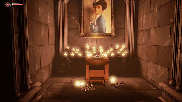 The right niche of the left chapel contains the first Voxophone #1 (this item is needed to unlock the Eavesdropper achievement) - Find a way to the city - Chapter 2 - Welcome Center - BioShock: Infinite - Game Guide and Walkthrough