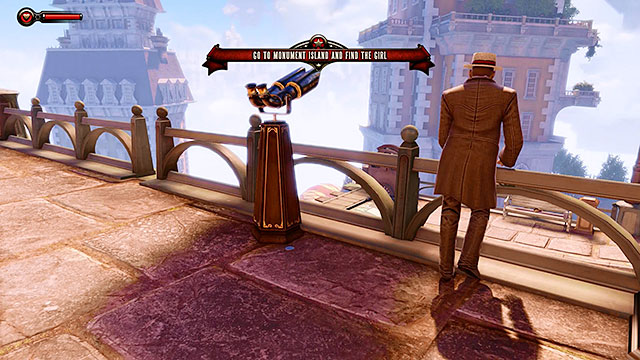 Soon after stepping through a large gate at the end of the street you should receive a rather enigmatic telegram from Lutece - Go to the Monument Island and find the girl - Chapter 2 - Welcome Center - BioShock: Infinite - Game Guide and Walkthrough