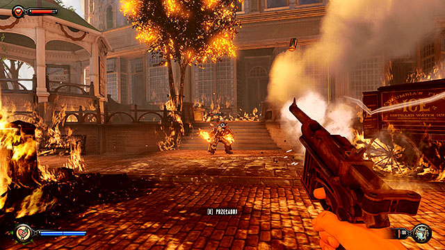 Immediately after stepping through the gate youre going to be attacked by a Fireman and hell be using a Devils Kiss vigor during this duel - Fight your way to Monument Island - Chapter 3 - Raffle Square - BioShock: Infinite - Game Guide and Walkthrough