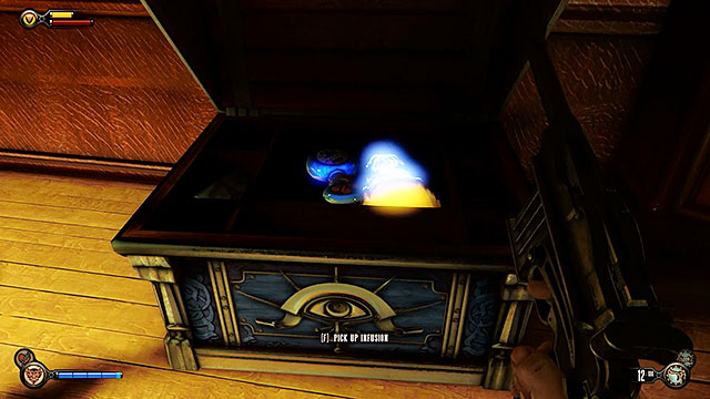 Backtracking to the chest is a profitable action, because the chest holds valuable treasures - a new Infusion and a bottle of salt - Side mission: Find the key that fits the lock - Chapter 4 - Comstock Center Rooftops - BioShock: Infinite - Game Guide and Walkthrough