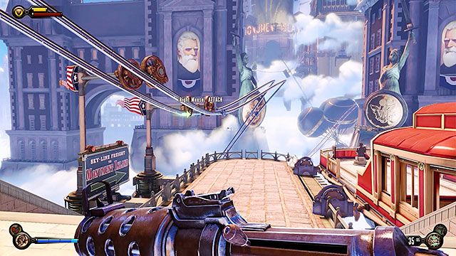 Leave the station to find yourself standing on a large platform with a barge docked to your right - Use the sky-lines to reach Monument Island - Chapter 5 - Monument Island Gateway - BioShock: Infinite - Game Guide and Walkthrough