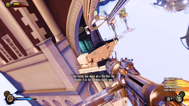 Let go of the sky-line when youre under the archway of the maintenance tower - Use the sky-lines to reach Monument Island - Chapter 5 - Monument Island Gateway - BioShock: Infinite - Game Guide and Walkthrough