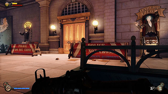 There are two vending machines near the exit from this unguarded station and you can also find a machine gun, ammunition and medkits behind one of the police barriers - Board Prophet Comstocks zeppelin - Chapter 5 - Monument Island Gateway - BioShock: Infinite - Game Guide and Walkthrough