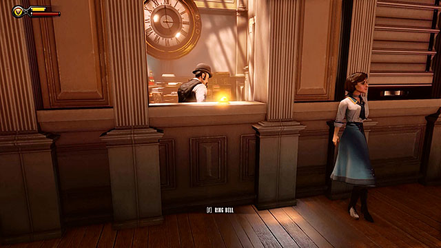 Enter the waiting room and use the bell to call the usher (notice an infusion located behind him) - Choice: Usher - Chapter 7 - Battleship Bay - BioShock: Infinite - Game Guide and Walkthrough