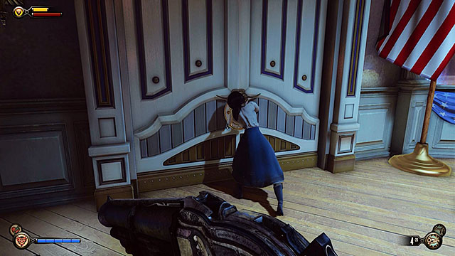 Enter the Soldiers Field Welcome Center and turn left to find a locked door leading to the security room - Take Elizabeth to the First Lady airship - Chapter 8 - Soldiers Field - BioShock: Infinite - Game Guide and Walkthrough