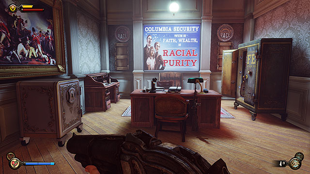 The study contains a locked safe and in order to open it youre going to need 5 lockpicks so return here once youve gathered the required number of these items - Take Elizabeth to the First Lady airship - Chapter 8 - Soldiers Field - BioShock: Infinite - Game Guide and Walkthrough
