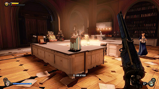 Check the counter found in the middle of the library to find Gear #27 and some cash in the register - Go to Comstock house - Chapter 29 - Port Prosperity - BioShock: Infinite - Game Guide and Walkthrough