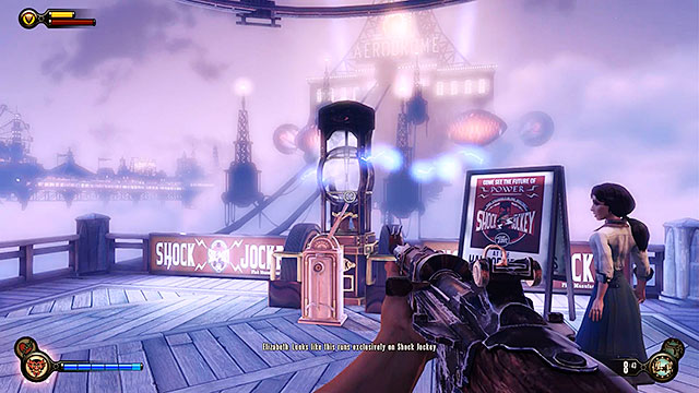 Leave the store and inspect the carousels stairs to find another lockpick (a shining object seen on the screen above) - Take Elizabeth to the First Lady airship - Chapter 8 - Soldiers Field - BioShock: Infinite - Game Guide and Walkthrough