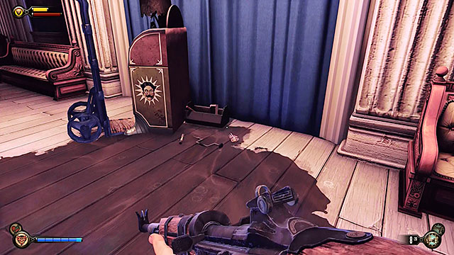 Wait for the elevator to transport you to your destination and explore the pavilion, collecting medical supplies and a shotgun found to the right of the Motorized Patriot - Find Shock Jockey at the Hall of Heroes - Chapter 8 - Soldiers Field - BioShock: Infinite - Game Guide and Walkthrough