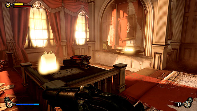 The room with the kinetoscope also contains a weapons upgrade station and a locked door - Find Shock Jockey at the Hall of Heroes - Chapter 8 - Soldiers Field - BioShock: Infinite - Game Guide and Walkthrough