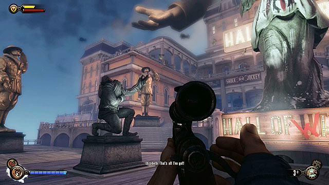 Approach the devastated statue found on the square in front of the Hall of Heroes - Find Shock Jockey at the Hall of Heroes - Chapter 8 - Soldiers Field - BioShock: Infinite - Game Guide and Walkthrough