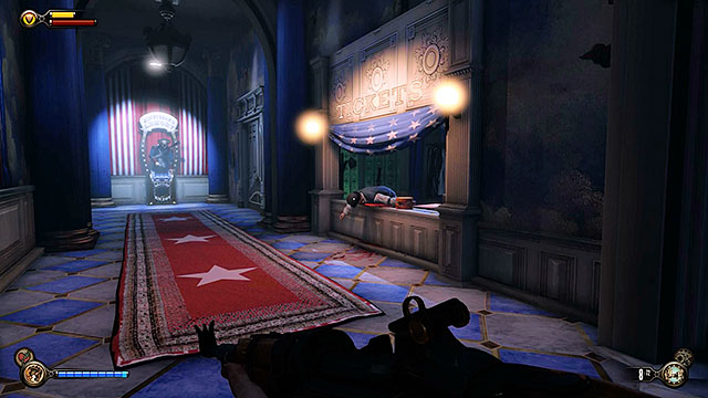 The first thing you should do after entering the Hall of Heroes is to proceed to the left corridor (the one with the motorized patriot) and search the ticket office - Find Shock Jockey at the Hall of Heroes - Chapter 9 - Hall of Heroes - BioShock: Infinite - Game Guide and Walkthrough