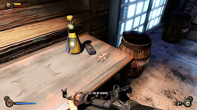 Check the table found opposite the statue in order to collect one more lockpick, as well as a silver tab and Infusion #8 - Find Shock Jockey at the Hall of Heroes - Chapter 9 - Hall of Heroes - BioShock: Infinite - Game Guide and Walkthrough