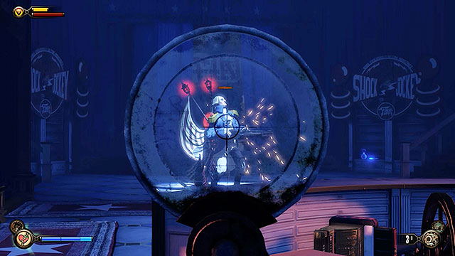 This is the moment when a grenade launcher mentioned earlier in the walkthrough may come in handy, because youre going to be attacked by a mechanized patriot armed with a crank gun - Find Slate past the First Ladys memorial - Chapter 10 - Inside the Hall of Heroes - BioShock: Infinite - Game Guide and Walkthrough