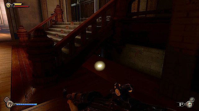 Enter the building, turn left and search the area under the stairs in order to obtain a new lockpick - Find a way into Finkton - Chapter 16 - Worker Induction Center / Finkton Proper - BioShock: Infinite - Game Guide and Walkthrough