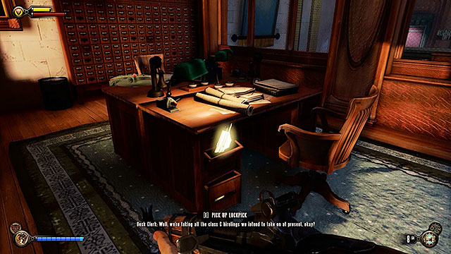 Proceed to the buildings main hall and explore the office located in the middle - Find a way into Finkton - Chapter 16 - Worker Induction Center / Finkton Proper - BioShock: Infinite - Game Guide and Walkthrough