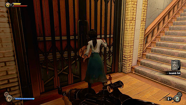 Explore the area behind the main desk to find yet another lockpick hidden between a smaller desk and a scale - Find a way into Finkton - Chapter 16 - Worker Induction Center / Finkton Proper - BioShock: Infinite - Game Guide and Walkthrough