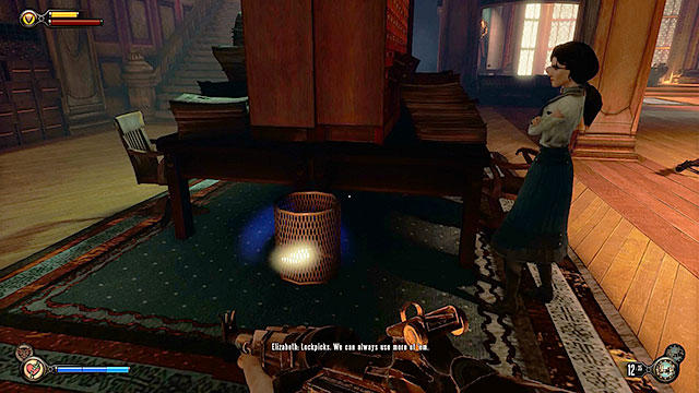 Make sure to check the trash bin located next to one of the bookstand in the middle of the hall to obtain a lockpick - Find a way into Finkton - Chapter 16 - Worker Induction Center / Finkton Proper - BioShock: Infinite - Game Guide and Walkthrough