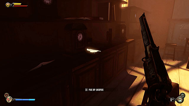 The area to your right holds another lockpick found on a shelf between clocks - Find the gunsmith Chen Lin - Chapter 17 - Plaza of Zeal - BioShock: Infinite - Game Guide and Walkthrough