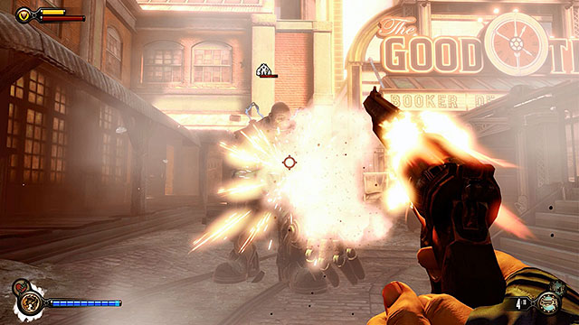 Expect a surprise attack from the Handyman after leaving the store and sadly this time you wont be allowed to avoid the duel with this person - Find the gunsmith Chen Lin - Chapter 17 - Plaza of Zeal - BioShock: Infinite - Game Guide and Walkthrough