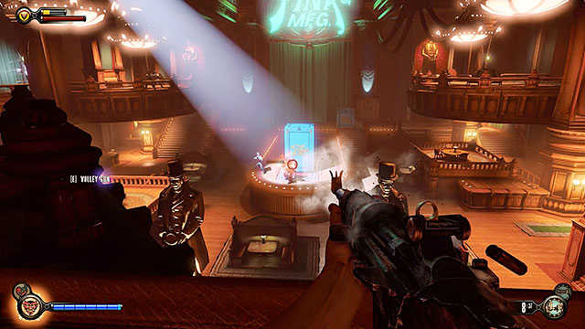 The first wave of enemy units will appear on the stage moments after entering the main area of the club - Go to The Good Time Club and rescue Chen Lin - Chapter 18 - The Good Time Club - BioShock: Infinite - Game Guide and Walkthrough