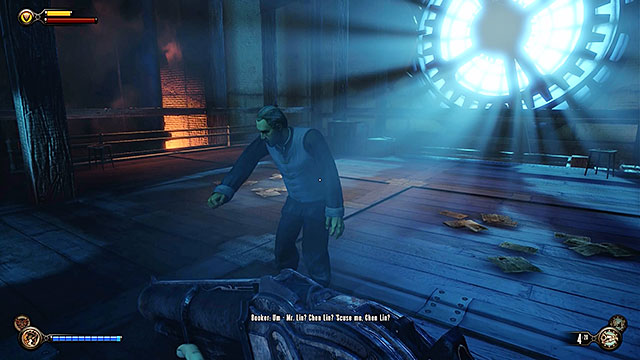 Get to the last floor of the workshop and initiate a conversation with spectral Chen Lin - Return to the gunsmiths workshop - Chapter 20 - Gunsmiths Shop - BioShock: Infinite - Game Guide and Walkthrough