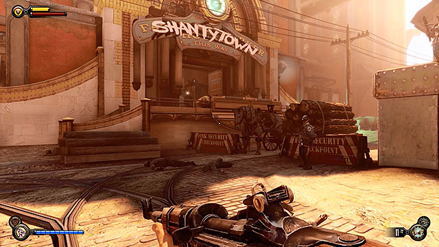 Immediately after leaving the workshop youre going to have to deal with a new group of policemen guarding the access to Shantytown - Find Shantytowns police impound - Chapter 20 - Gunsmiths Shop - BioShock: Infinite - Game Guide and Walkthrough