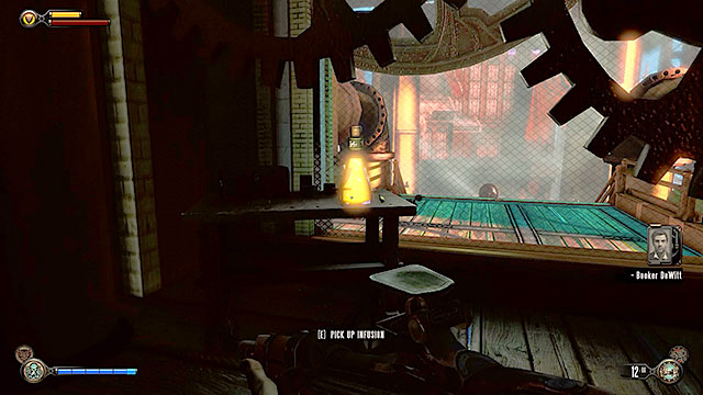 The room found to the left contains a table and theres an Infusion #18 there - Board the First Lady - Chapter 27 - The Factory - BioShock: Infinite - Game Guide and Walkthrough
