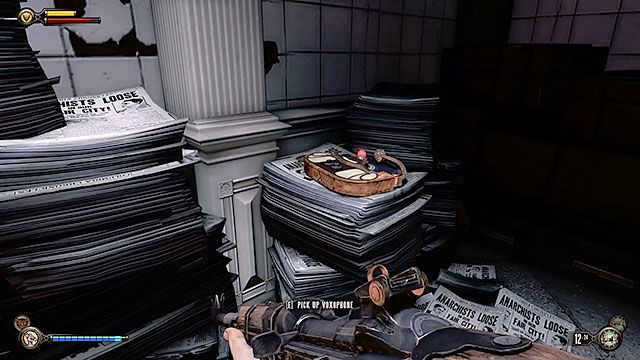 Youll also find a storage area with stacks of newspapers opposite the safe and theres a Voxophone #54 among the papers - Go to Comstock house - Chapter 29 - Port Prosperity - BioShock: Infinite - Game Guide and Walkthrough