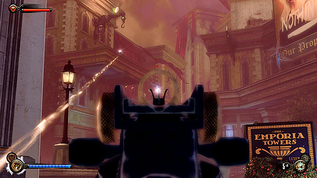 Youre going to be attacked by snipers occupying nearby rooftops after entering the Harmony Lane - Go to Comstock house - Chapter 30 - Downtown Emporia - BioShock: Infinite - Game Guide and Walkthrough