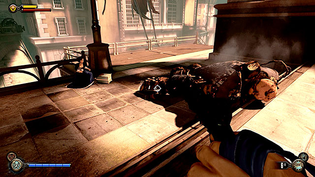 Be careful when using sky-lines after the Handyman has joined the fight, because if youre going to hang on the Sky-Hook for too long he can electrify you - Go to Comstock house - Chapter 30 - Downtown Emporia - BioShock: Infinite - Game Guide and Walkthrough