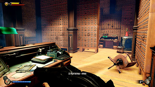 Once Elizabeth has deciphered the code use the typewriter to open a secret passageway located behind a bookshelf - Side mission: Find the Vox code - Chapter 31 - Memorial Gardens - BioShock: Infinite - Game Guide and Walkthrough