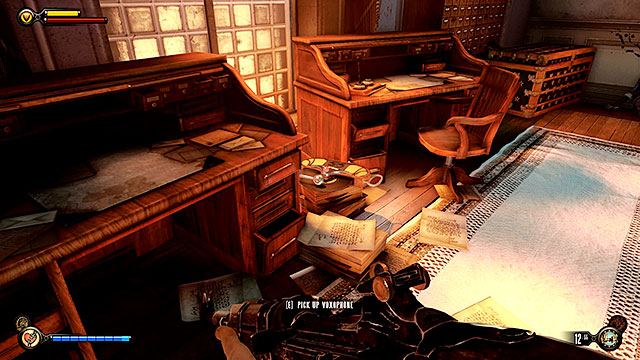 Break into the building mentioned above (the lock requires you to have 3 lockpicks) and check the left room to uncover Voxophone #77 on a stack of documents - Board Prophet Comstocks zeppelin - Chapter 36 - Hand of the Prophet - BioShock: Infinite - Game Guide and Walkthrough