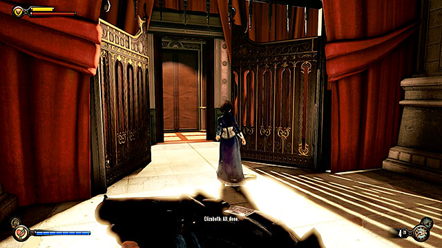 Return to the hall with the closed gate, wait for Elizabeth to open it (she wont need any lockpicks) and enter an elevator located on the other side of the gate - Go outside and find Comstocks flagship - Chapter 35 - Operating Theatre - BioShock: Infinite - Game Guide and Walkthrough
