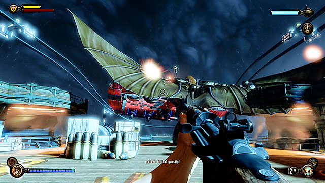 The game will allow you to designate targets for the Songbird, however the bird will need to rest before the next attack and that recharge period is represented by a timepiece seen under the generators energy bar - Direct Songbird to protect the zeppelin - Chapter 39 - Command Deck - BioShock: Infinite - Game Guide and Walkthrough