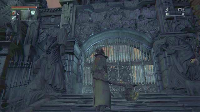 The gate across which you access the main yard. - How to open the main gate in Cathedral Ward? - FAQ - Bloodborne - Game Guide and Walkthrough