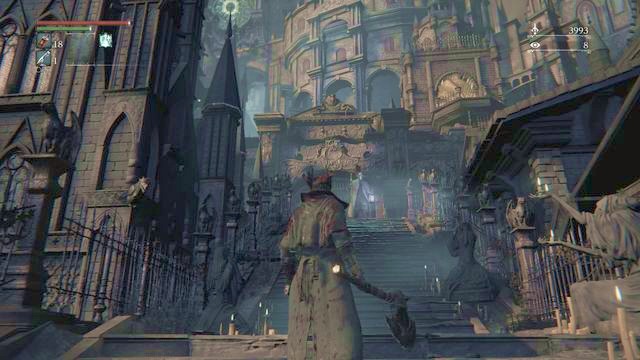 On the top of the stairs you will be attacked by two enemies. - Cathedral Ward - Walkthrough - Bloodborne - Game Guide and Walkthrough