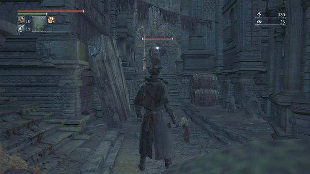 You can ambush the strong enemy coming from the second street if you head to the first one, on your left. - Healing Church Workshop - Walkthrough - Bloodborne - Game Guide and Walkthrough