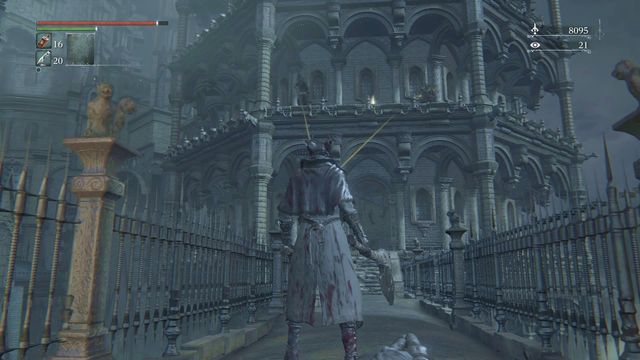After entering the new area, be quick because you can be hit by one of the shooters. - Healing Church Workshop - Walkthrough - Bloodborne - Game Guide and Walkthrough