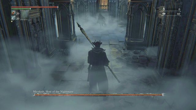 Boss will quickly run to the first balcony. - Micolash, Host of the Nightmare - Boss Fights - Bloodborne - Game Guide and Walkthrough