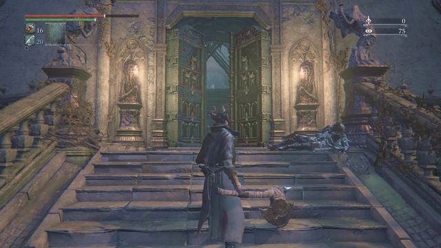 Eileen on the stairs in front of the Grand Cathedral. - Eileen - Side quests - Bloodborne - Game Guide and Walkthrough