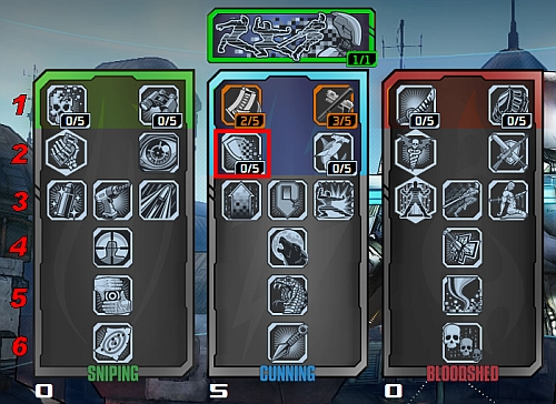 Further levels of the tree, marked with digits in the above screenshot, are unlocked after spending at least five points on the previous level - Skill trees - General hints - Borderlands 2 - Game Guide and Walkthrough