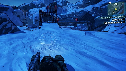 Enter the vehicle and use it to jump to the other side of the precipice from the ramp north-east of Catch-a Ride - The Road to the Sanctuary - p. 1 - Main missions - Borderlands 2 - Game Guide and Walkthrough