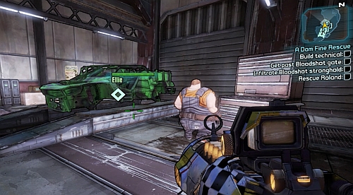 Speak to Ellie, approach the car wreck from the screenshot and press Use (by default E) - A Dam Fine Rescue - p. 1 - Main missions - Borderlands 2 - Game Guide and Walkthrough