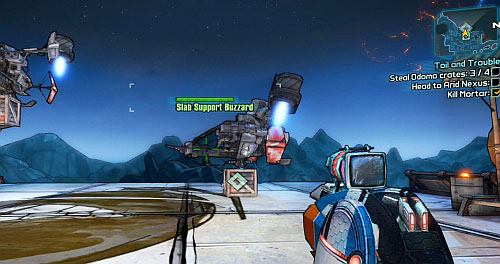With all the Buzzards destroyed, place the transmitters on the four crates - Toil and Trouble - Main missions - Borderlands 2 - Game Guide and Walkthrough