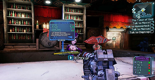 After receiving the mission [1] and before speaking to Claptrap [2], pay a visit to all the NPCs (Tannis, Zed, Scooter, Moxxi, Hammerlock, Marcus) - The Talon of God - Main missions - Borderlands 2 - Game Guide and Walkthrough