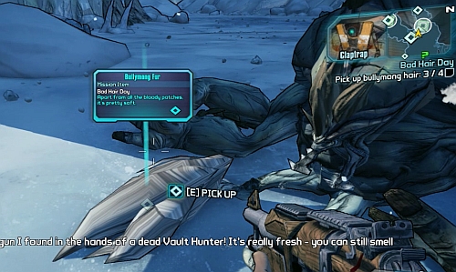 Go behind the Bandit camp in the south [1] (after destroying the electric fence), where you will find a Monglets lair - Bad Hair Day - Southern Shelf - Borderlands 2 - Game Guide and Walkthrough