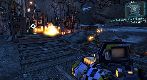 Once you reach the destination point, kill all the enemies around and use the lever shown in the screenshot - Cult Following: Eternal Flame - Sanctuary - Borderlands 2 - Game Guide and Walkthrough