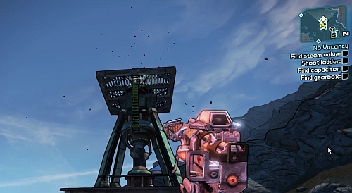 Start off by heading to the pump in the middle part of the map [3] and shoot the ladder shown in the screenshot to lower it - No Vacancy - Three Horns Valley - Borderlands 2 - Game Guide and Walkthrough
